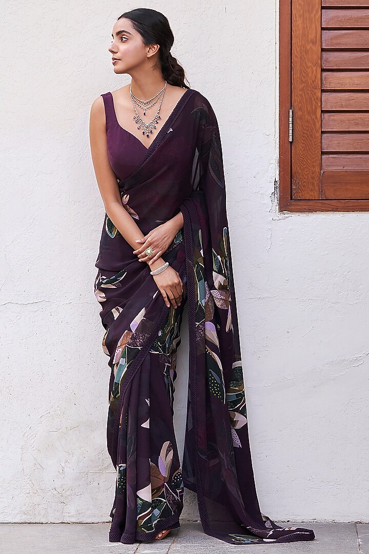 Burgundy Georgette Printed Party Wear Saree Set by Varun Bahl Pret at Pernia's Pop Up Shop