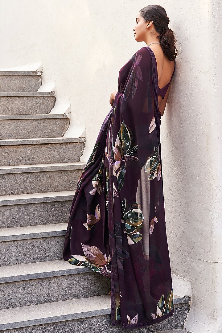 Burgundy Georgette Printed Party Wear Saree Set by Varun Bahl Pret at Pernia's Pop Up Shop
