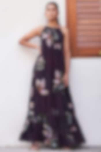 Burgundy Georgette Printed Tiered Maxi Dress by Varun Bahl Pret at Pernia's Pop Up Shop