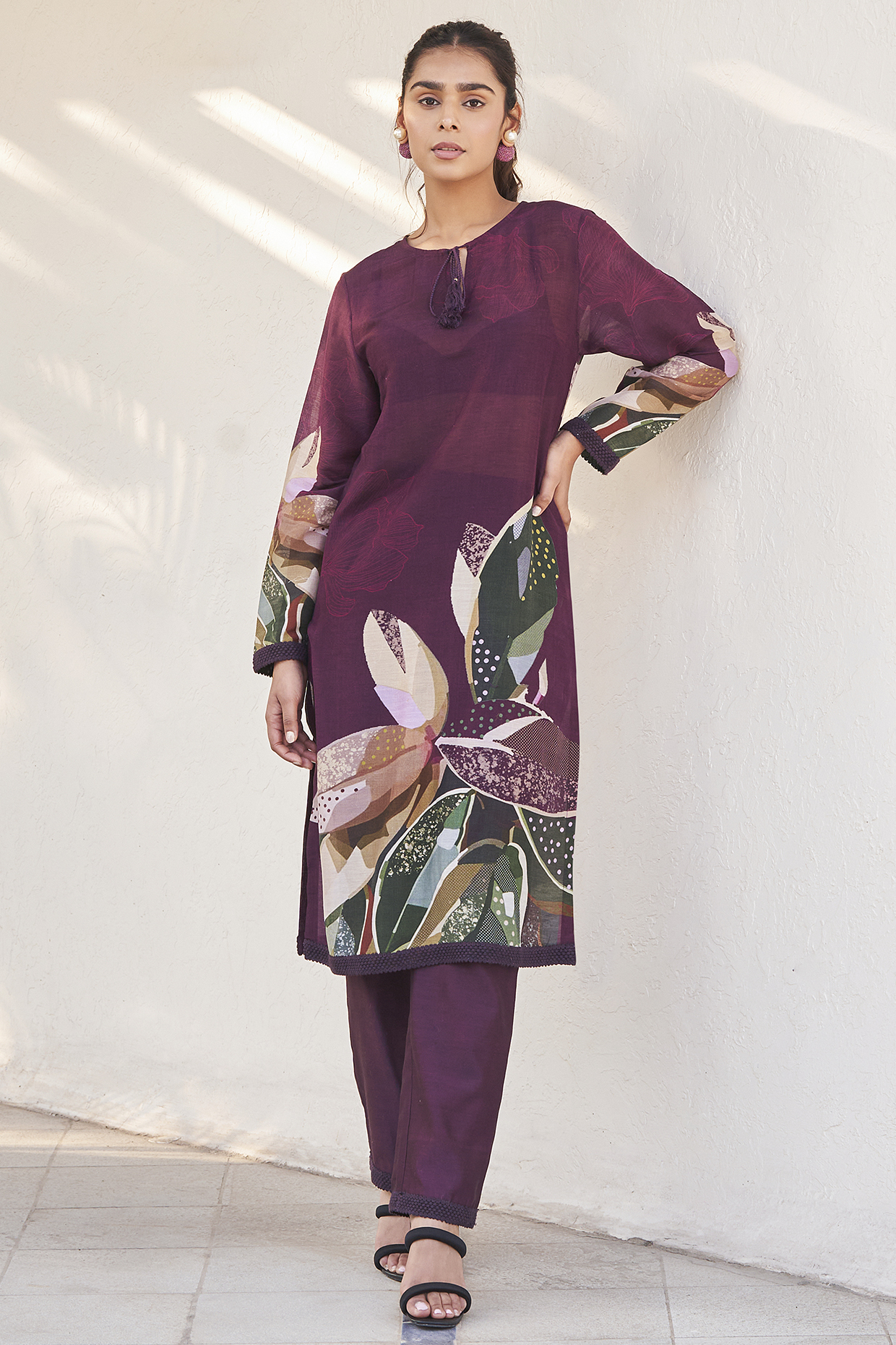 Burgundy Chanderi Printed Kurta Set by Varun Bahl Pret