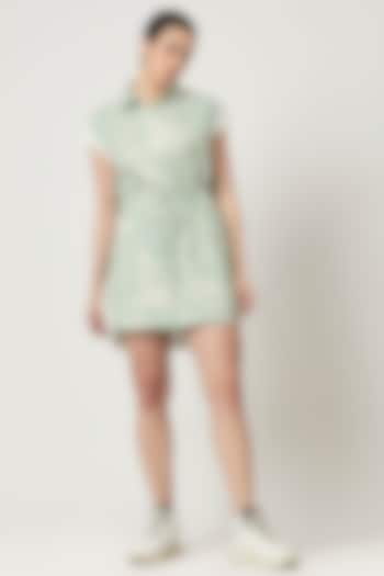 Sage Green Linen Printed Mini Dress by Varun Bahl Pret at Pernia's Pop Up Shop