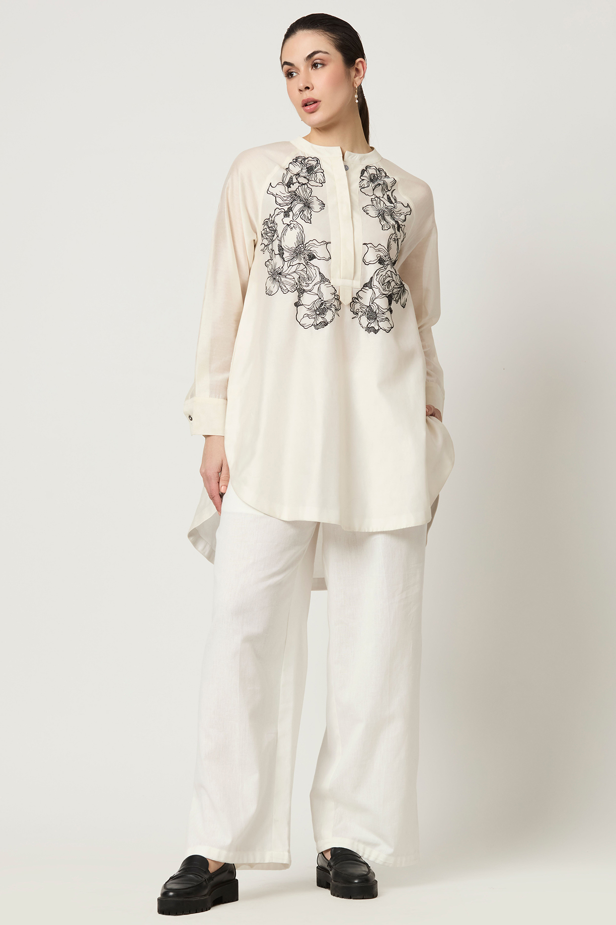 Ivory Chanderi Thread Embroidered High-Low Tunic by Varun Bahl Pret at Pernia's Pop Up Shop
