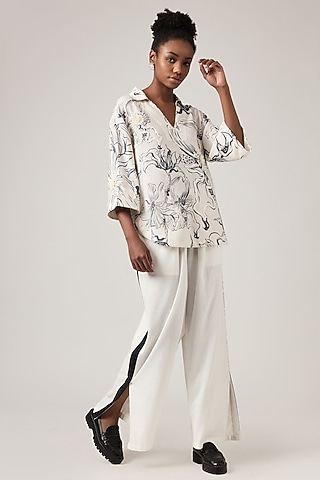 Black & White Linen Printed Top by Varun Bahl Pret