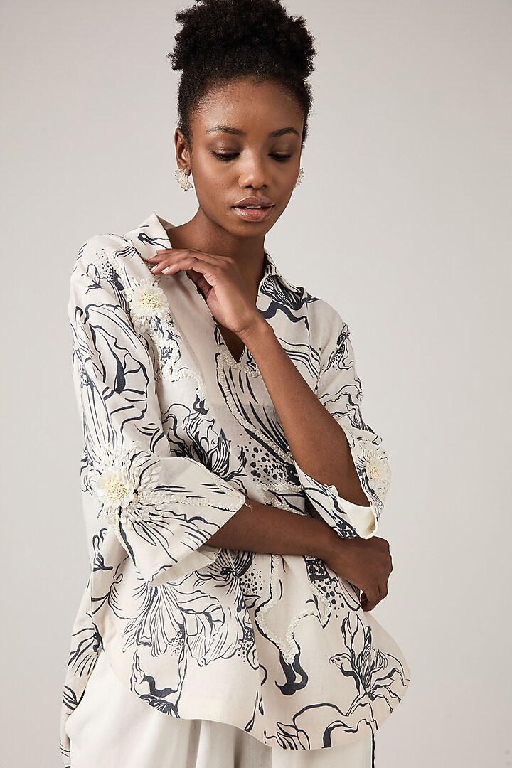 Black & White Linen Printed Top by Varun Bahl Pret at Pernia's Pop Up Shop