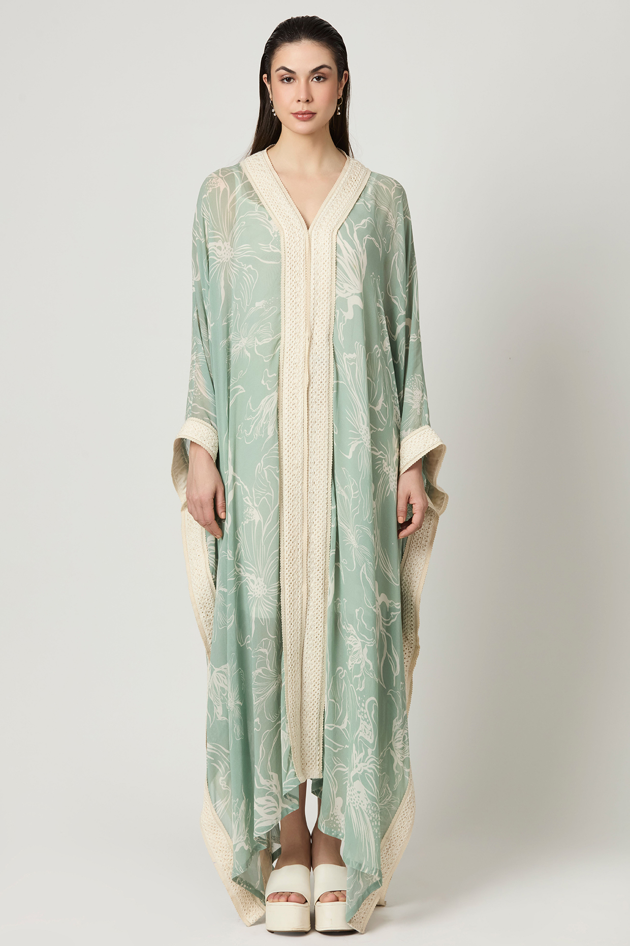 Sage Green Georgette Lace Kaftan by Varun Bahl Pret at Pernia's Pop Up Shop