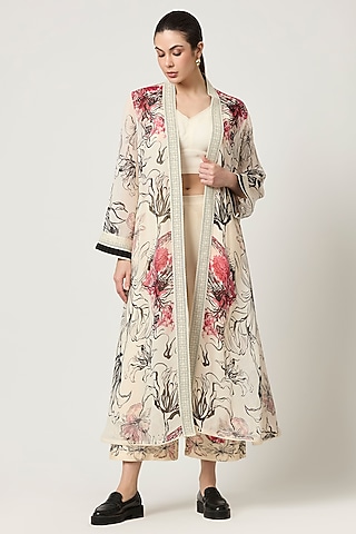 Ivory Georgette Floral Printed Cape by Varun Bahl Pret