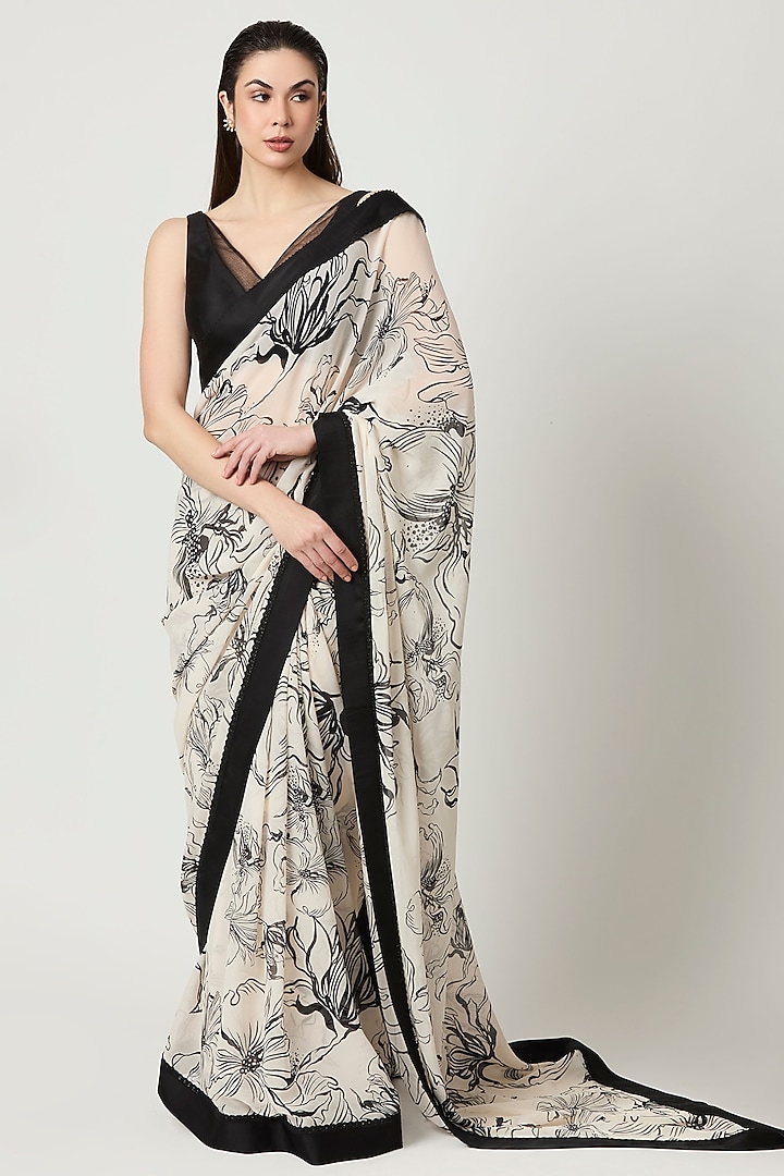 Ivory & Black Georgette Printed Saree Set by Varun Bahl Pret