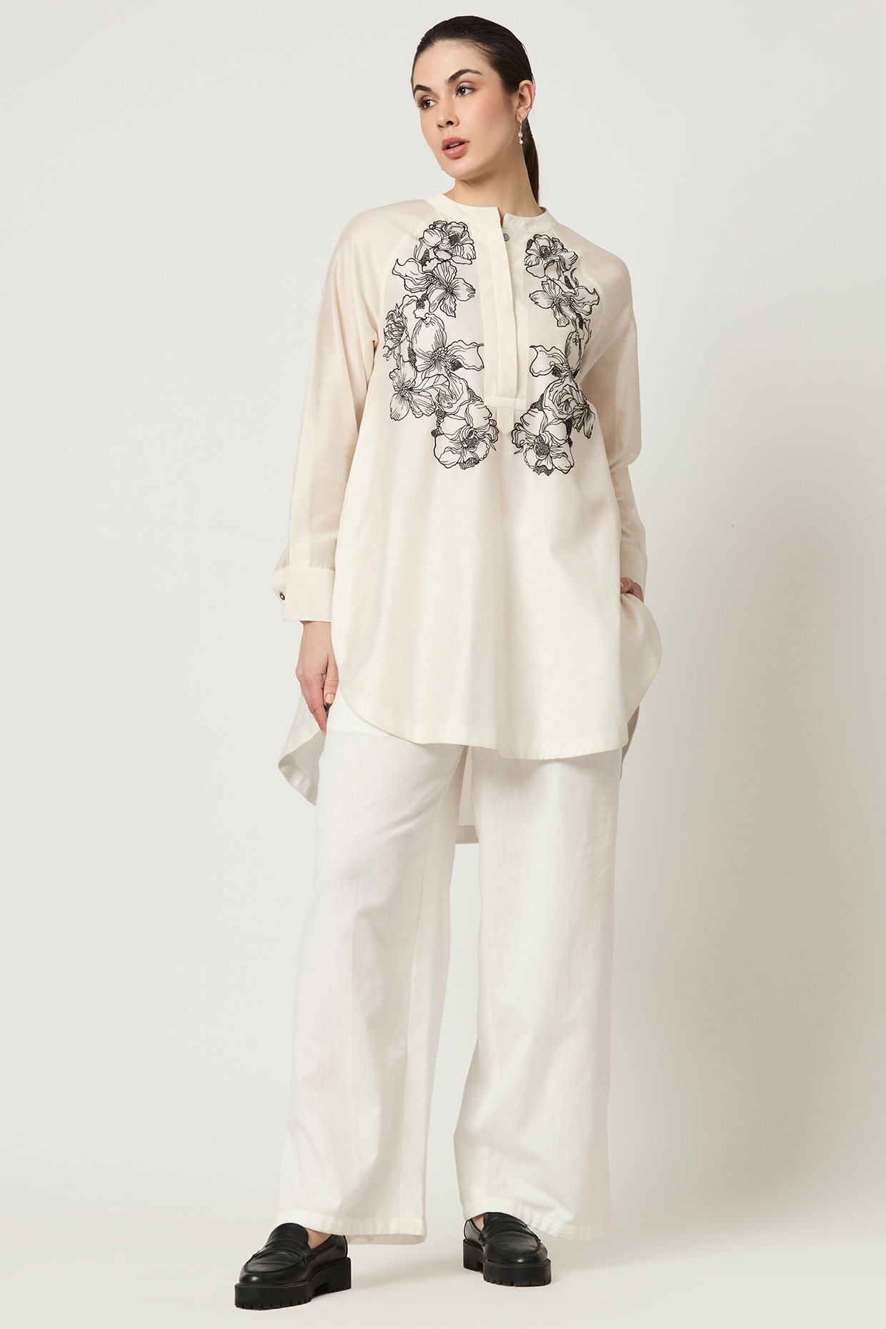 Ivory Chanderi Thread Embroidered High-Low Tunic Set by Varun Bahl Pret at Pernia's Pop Up Shop