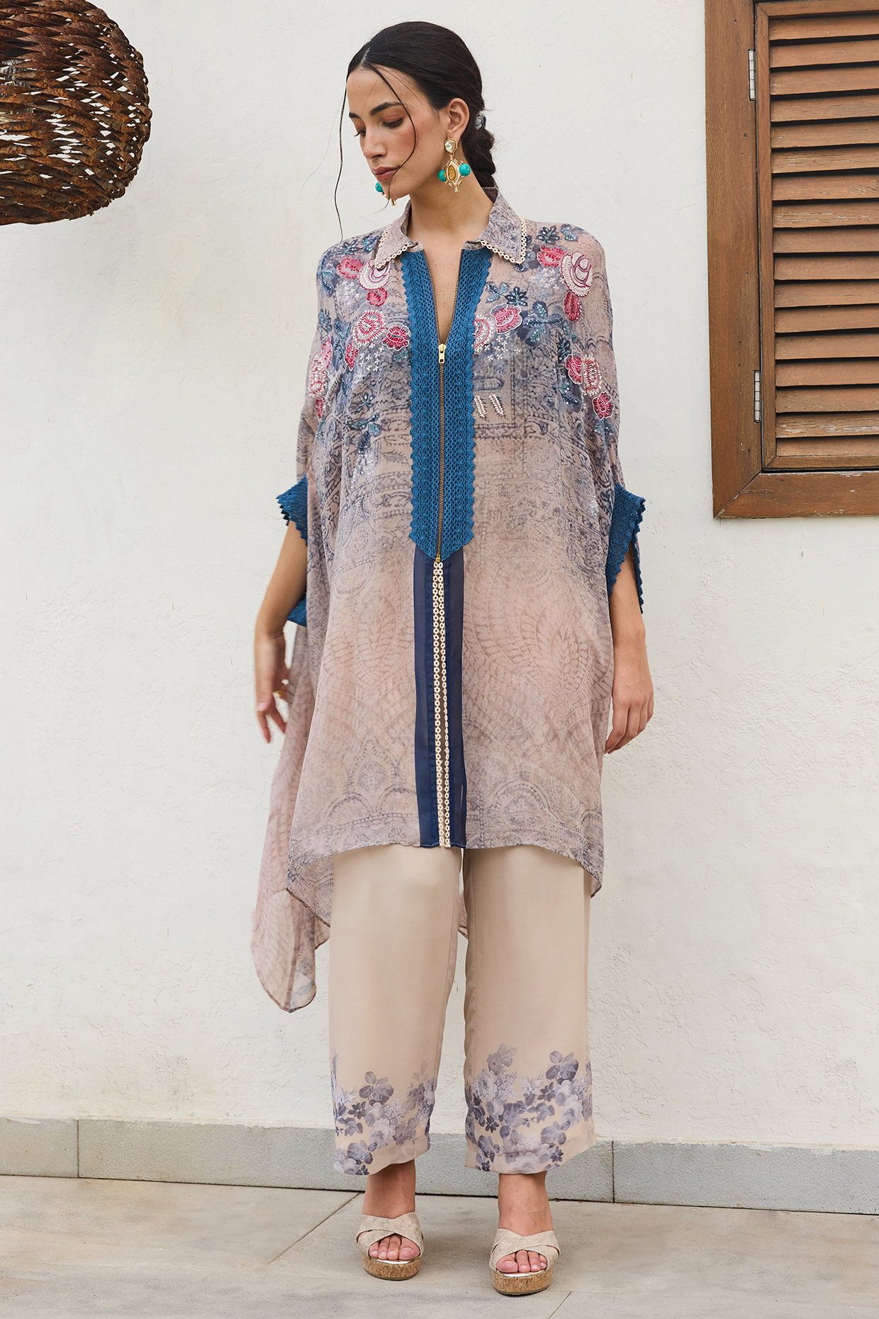Blue Georgette Patchwork Printed Tunic Set by Varun Bahl Pret at Pernia's Pop Up Shop