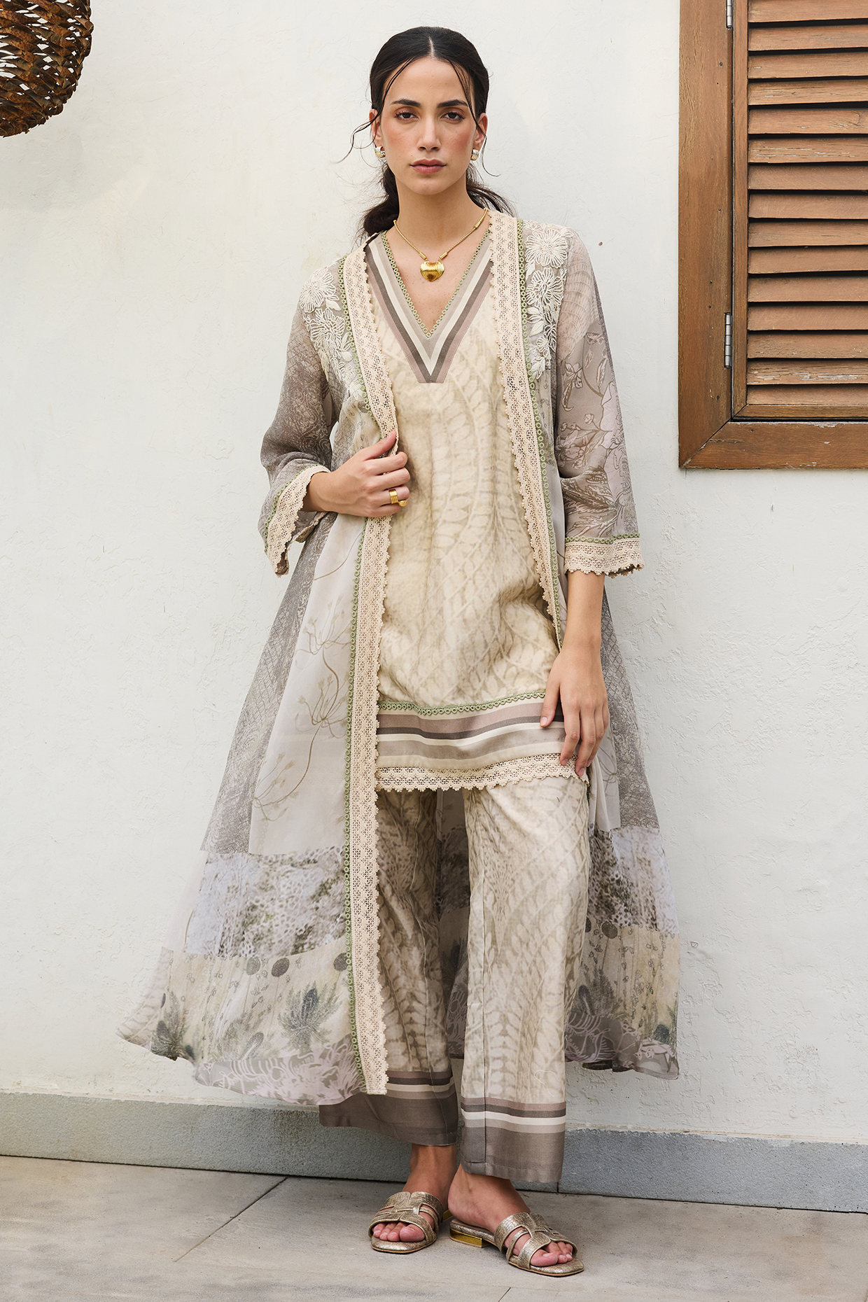Sage Green Georgette Patchwork Printed Cape Set by Varun Bahl Pret at Pernia's Pop Up Shop
