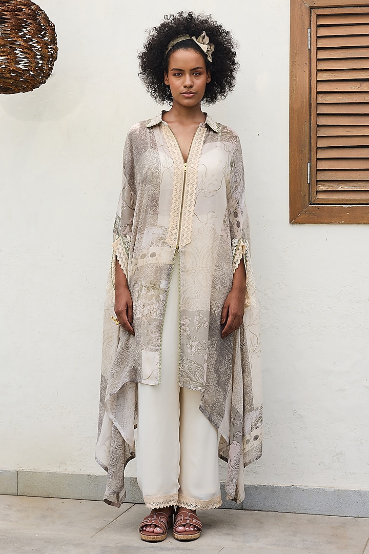 Sage Green Georgette Patchwork Printed Tunic Set by Varun Bahl Pret at Pernia's Pop Up Shop