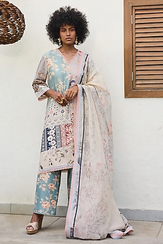 Multi-Colored Chanderi Patchwork Printed Kurta Set by Varun Bahl Pret