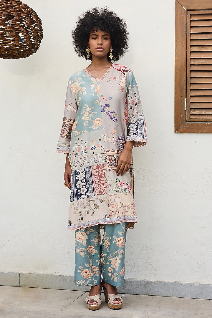 Multi-Colored Chanderi Patchwork Printed Kurta Set by Varun Bahl Pret at Pernia's Pop Up Shop