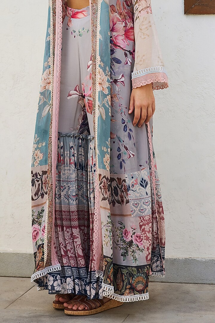 Multi-Colored Georgette Patchwork Printed Cape Set by Varun Bahl Pret at Pernia's Pop Up Shop
