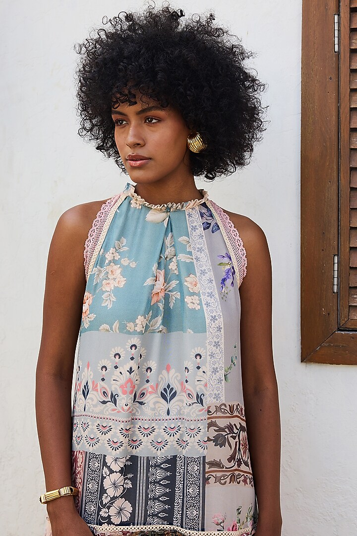 Multi-Colored Georgette Patchwork Printed Tiered Vacation Dress by Varun Bahl Pret at Pernia's Pop Up Shop