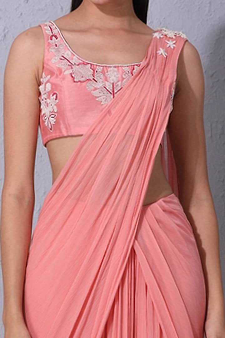 Bubblegum Pink Embellished Pre-Stithced Party Wear Saree Set by Varun Bahl Pret at Pernia's Pop Up Shop