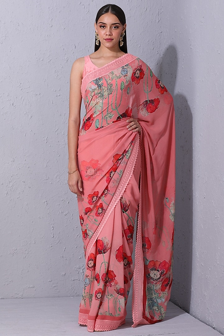 Bubblegum Pink Floral Motifs Printed Saree Set by Varun Bahl Pret