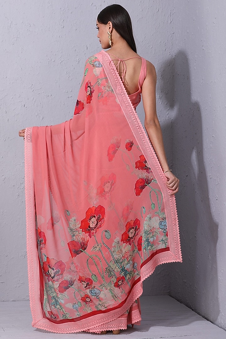 Bubblegum Pink Floral Motifs Printed Festive Saree Set by Varun Bahl Pret at Pernia's Pop Up Shop
