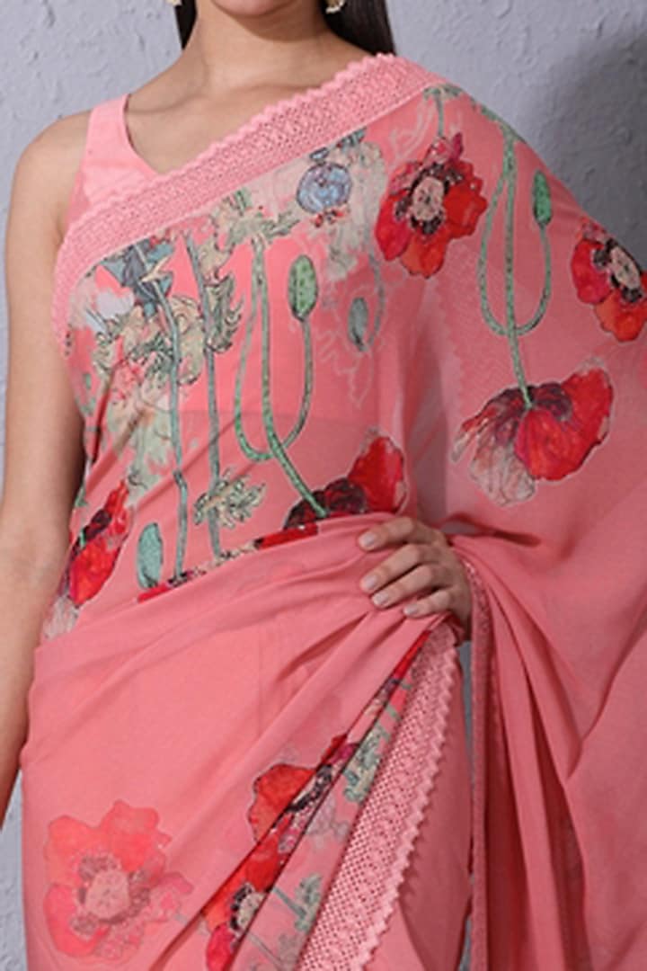 Bubblegum Pink Floral Motifs Printed Festive Saree Set by Varun Bahl Pret at Pernia's Pop Up Shop
