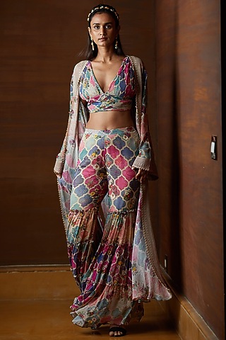 Multi Colored Georgette Overlay Jacket Set by Varun Bahl Pret