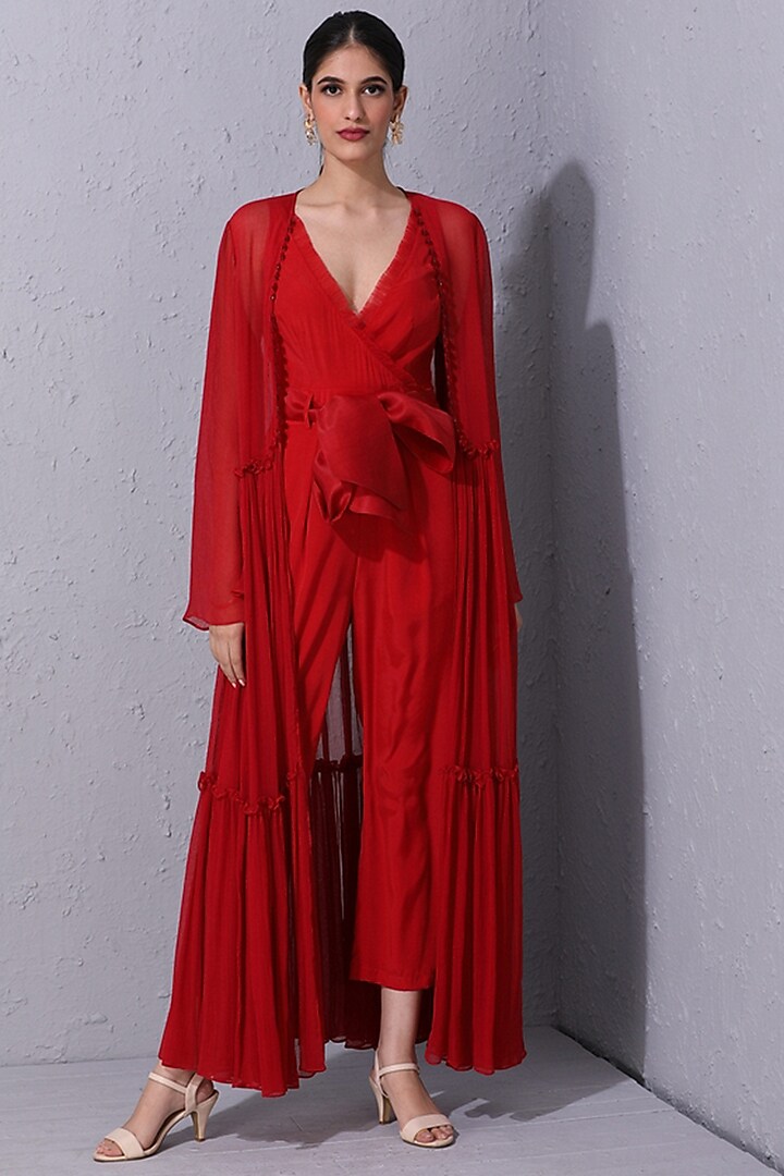 Red Crepe Jumpsuit With Overlay Jacket by Varun Bahl Pret