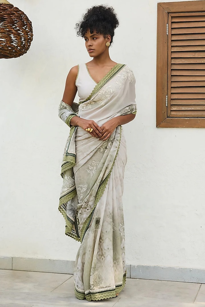 Green Georgette Printed & Dori Embroidered Saree Set by Varun Bahl Pret at Pernia's Pop Up Shop