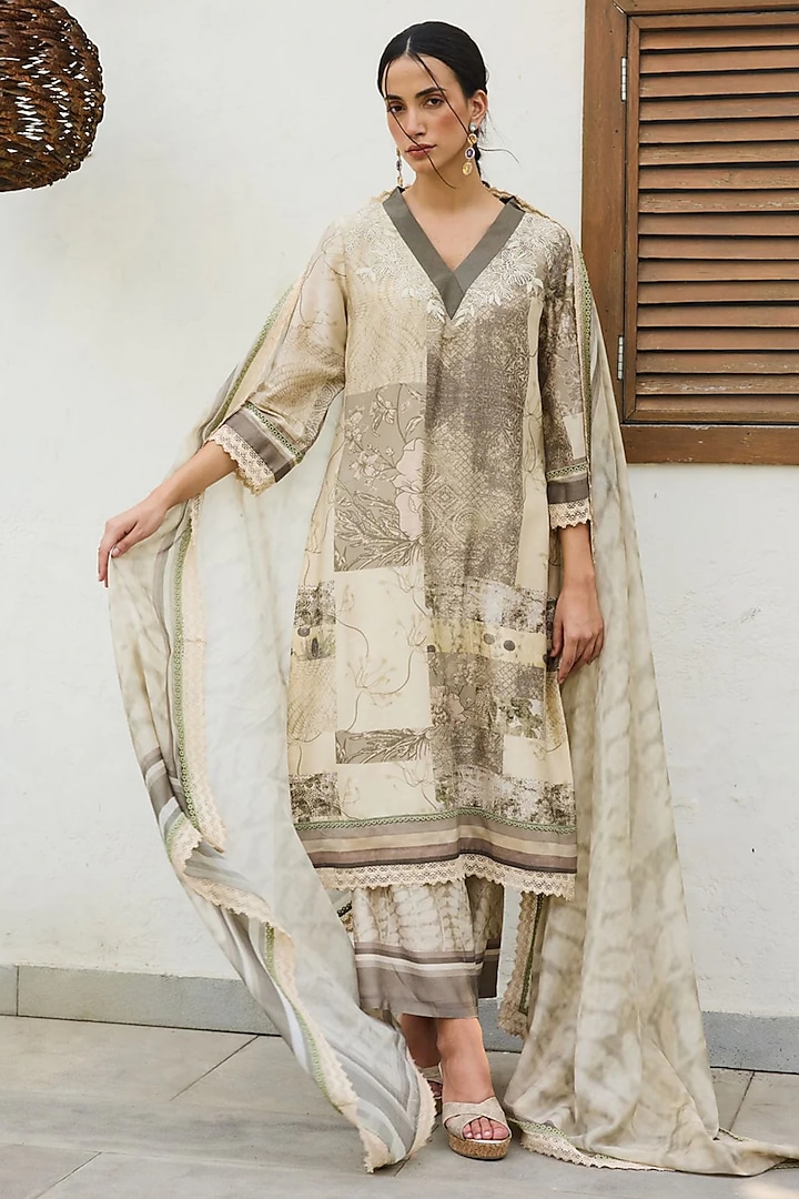 Sage Green Chanderi Printed & Embroidered Kurta Set by Varun Bahl Pret at Pernia's Pop Up Shop