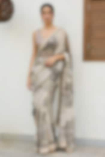 Sage Green Georgette Printed & Dori Embroidered Saree Set by Varun Bahl Pret at Pernia's Pop Up Shop