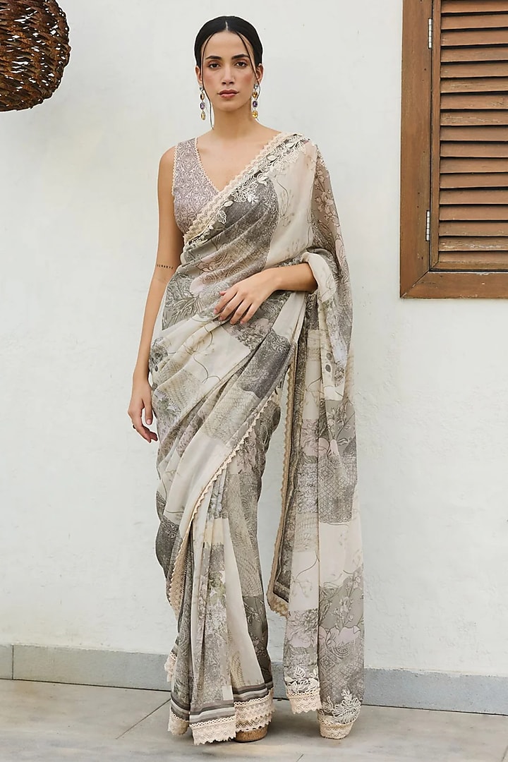 Sage Green Georgette Printed & Dori Embroidered Saree Set by Varun Bahl Pret