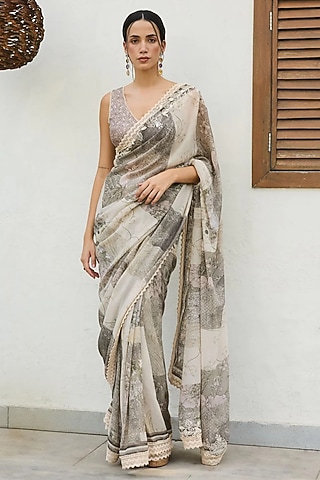 Sage Green Georgette Printed & Dori Embroidered Saree Set by Varun Bahl Pret