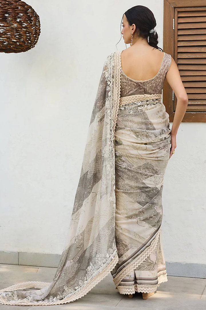 Sage Green Georgette Printed & Dori Embroidered Wedding Saree Set by Varun Bahl Pret at Pernia's Pop Up Shop
