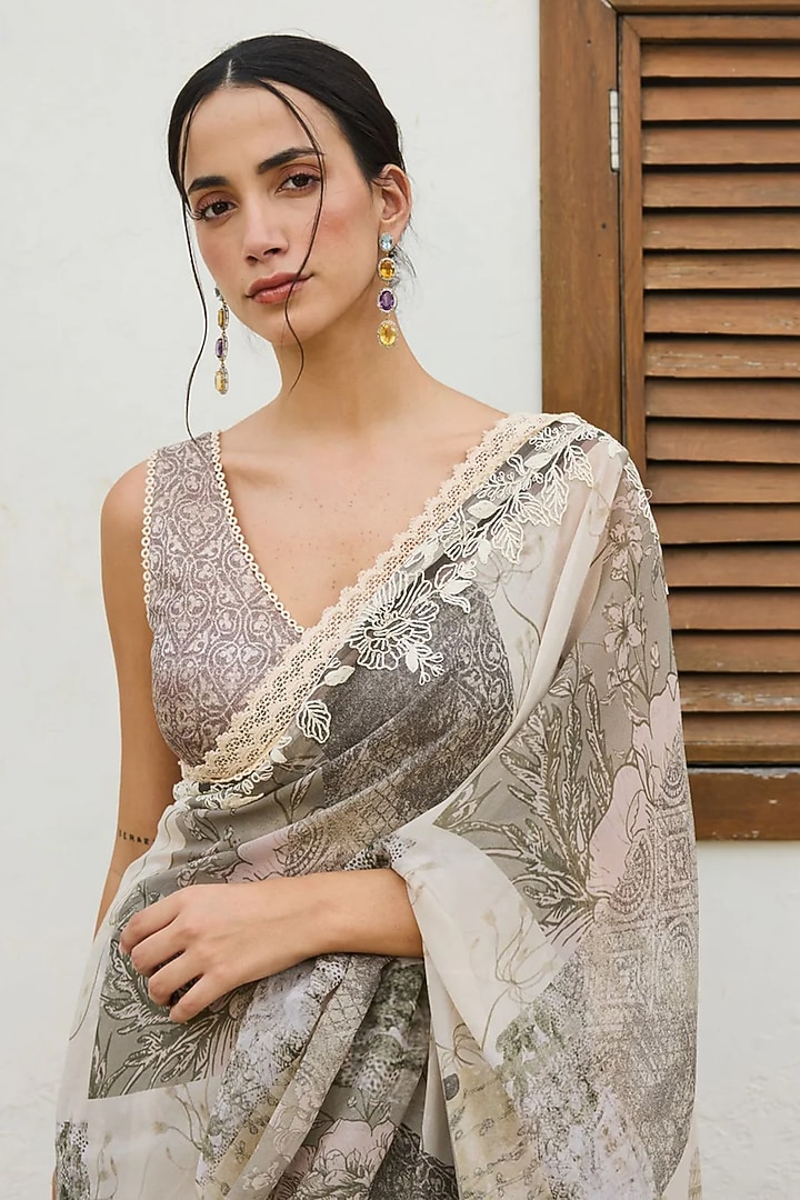 Sage Green Georgette Printed & Dori Embroidered Wedding Saree Set by Varun Bahl Pret at Pernia's Pop Up Shop