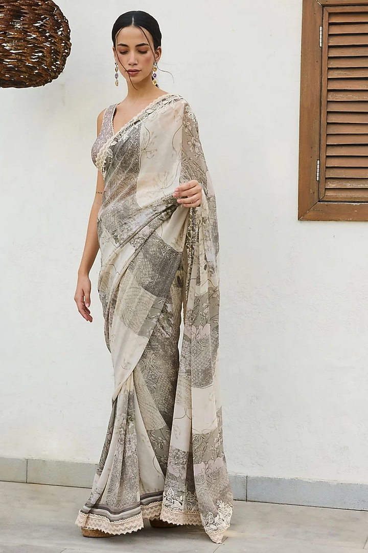 Sage Green Georgette Printed & Dori Embroidered Wedding Saree Set by Varun Bahl Pret at Pernia's Pop Up Shop