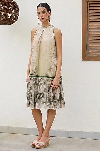 Green Georgette Printed & Floral Embroidered Tiered Dress by Varun Bahl Pret
