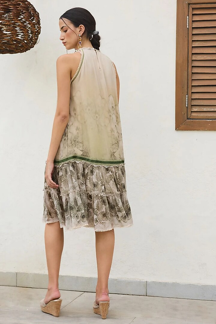 Green Georgette Printed & Floral Embroidered Tiered Vacation Dress by Varun Bahl Pret at Pernia's Pop Up Shop