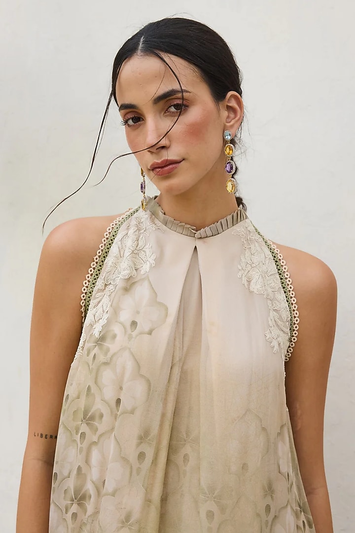 Green Georgette Printed & Floral Embroidered Tiered Vacation Dress by Varun Bahl Pret at Pernia's Pop Up Shop