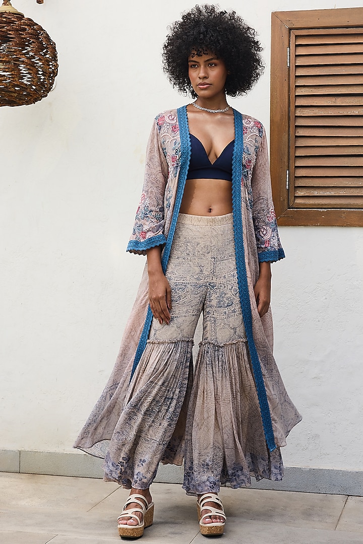 Blue Georgette Printed Tiered Sharara Set by Varun Bahl Pret