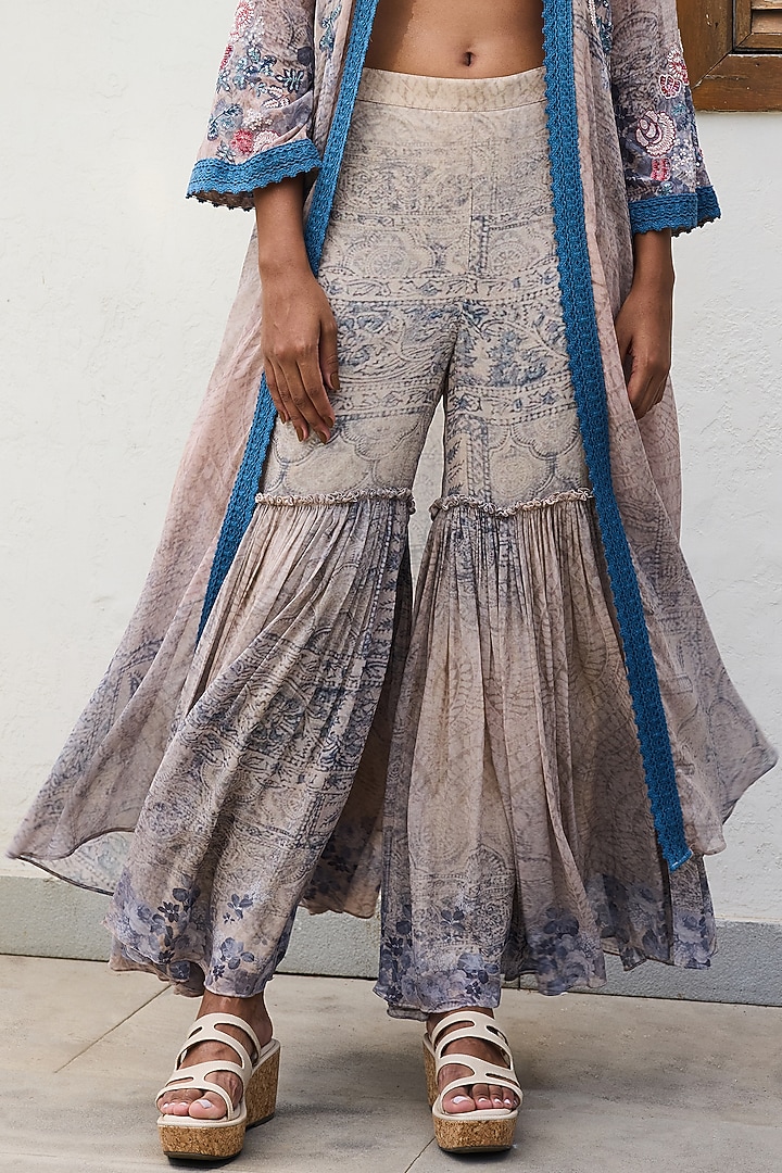 Blue Georgette Printed Tiered Wedding Sharara Set by Varun Bahl Pret at Pernia's Pop Up Shop
