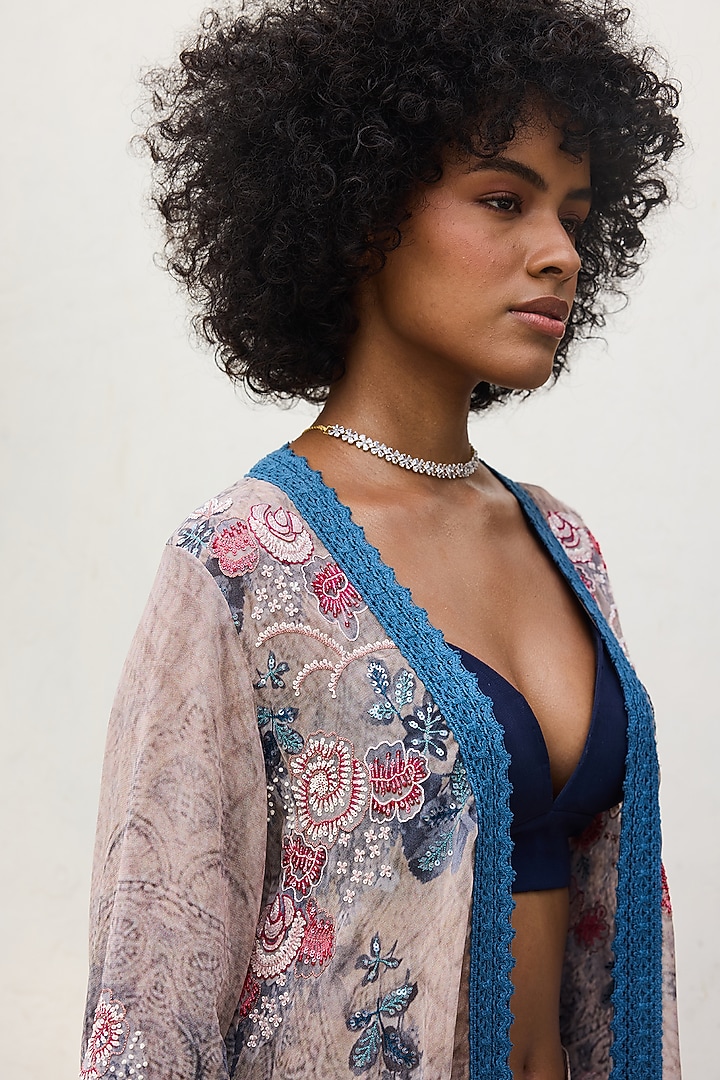 Blue Georgette Printed Tiered Wedding Sharara Set by Varun Bahl Pret at Pernia's Pop Up Shop