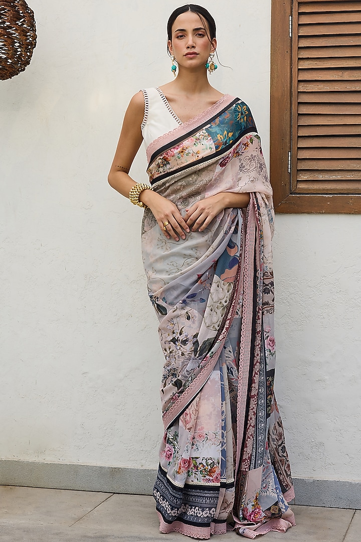 Multi-Colored Georgette Printed Saree Set by Varun Bahl Pret at Pernia's Pop Up Shop