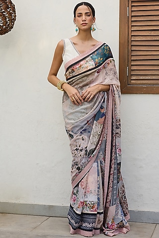 Multi-Colored Georgette Printed Saree Set by Varun Bahl Pret