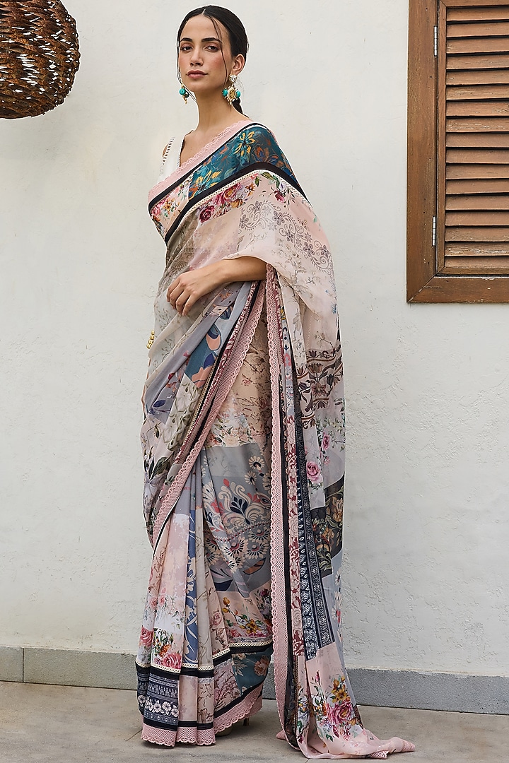 Multi-Colored Georgette Printed Wedding Saree Set by Varun Bahl Pret at Pernia's Pop Up Shop
