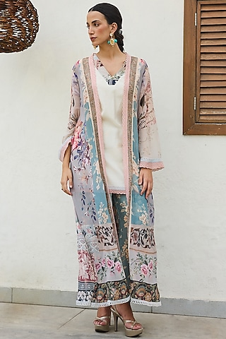 Multi-Colored Georgette Printed Cape Set by Varun Bahl Pret