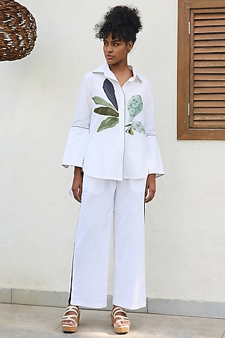 White Poplin & Linen Printed Co-Ord Set by Varun Bahl Pret