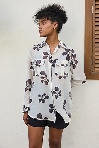 Black & White Chanderi Floral Printed Shirt by Varun Bahl Pret