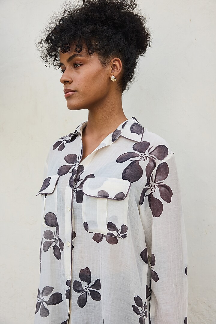 Black & White Chanderi Floral Printed Shirt by Varun Bahl Pret at Pernia's Pop Up Shop