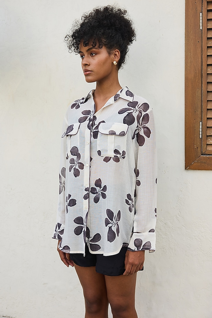 Black & White Chanderi Floral Printed Shirt by Varun Bahl Pret at Pernia's Pop Up Shop