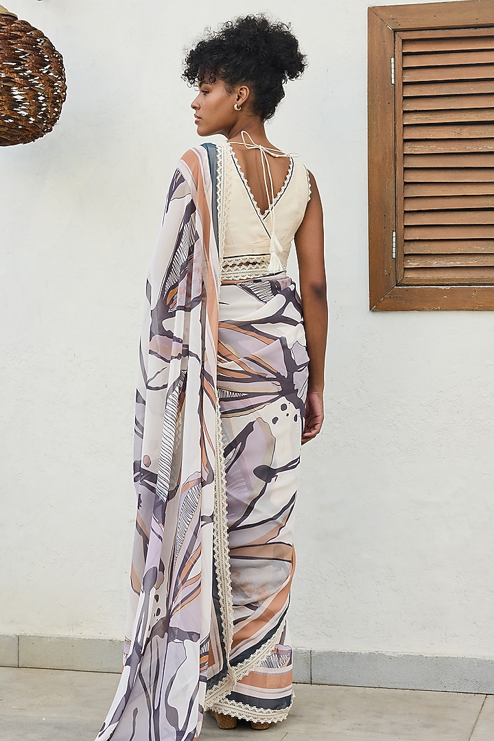 Ivory Viscose Georgette Printed Party Wear Saree Set by Varun Bahl Pret at Pernia's Pop Up Shop