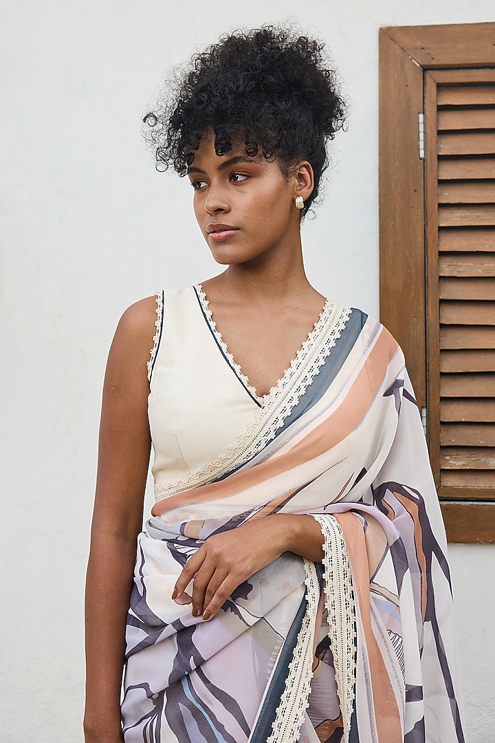 Ivory Viscose Georgette Printed Party Wear Saree Set by Varun Bahl Pret at Pernia's Pop Up Shop