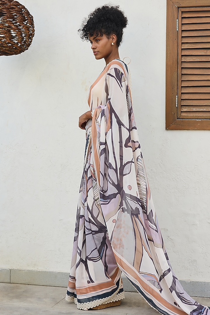 Ivory Viscose Georgette Printed Party Wear Saree Set by Varun Bahl Pret at Pernia's Pop Up Shop